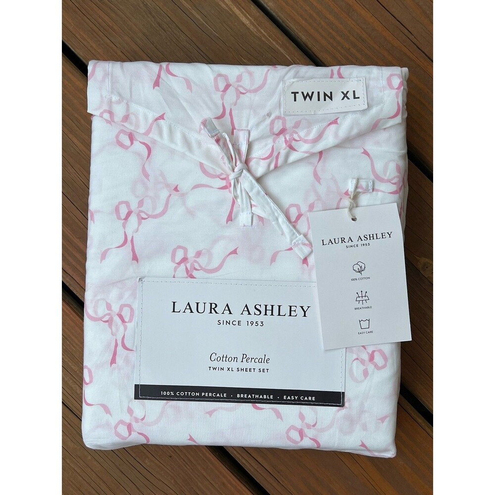 Laura Ashley Twin XL Dorm Sheet Set Trailing Bows Coquette Pink Ribbon Cotton